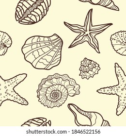 Shells and starfish seamless pattern. Hand drawn line on a sepia background. Colorful doodle wallpaper