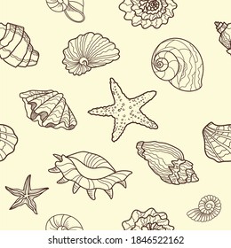 Shells and starfish seamless pattern. Hand drawn line on a sepia background. Colorful doodle wallpaper