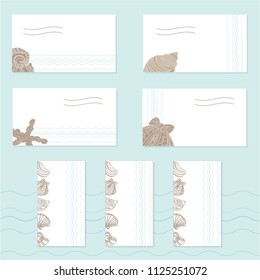 Shells and starfish templates for design, visiting card, announcements, greeting cards, posters, advertisement. Hand drawing.