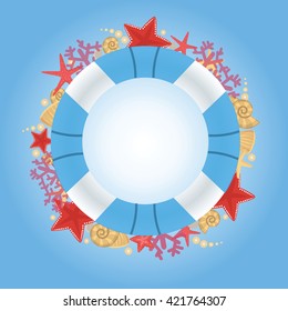 Shells and starfishes on sand background
