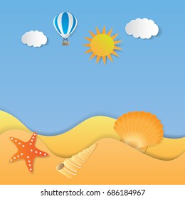 Shells and starfishes on sand background. Vector illustration.