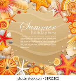 Shells and starfishes on sand background. Vector illustration.