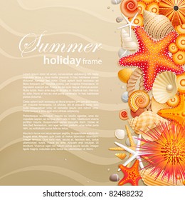 Shells and starfishes on sand background with place for text. Vector illustration.