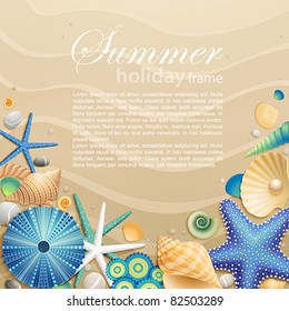 Shells and starfishes on sand background. Vector illustration.