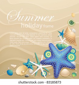 Shells and starfishes on sand background. Vector illustration.