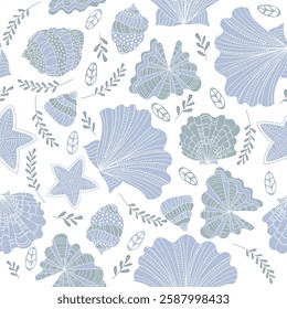 Shells, stars and corals. Ocean, underwater world. Seamless background for fabrics, textiles, packaging and wallpaper. Vector illustration