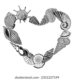 Shells. Stylish black and white illustration on a marine theme. Vector heart shaped frame with place for text.  Template design for text, packaging and prints, creating card or invitation card.