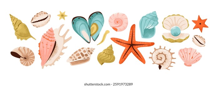 Shells and underwater elements: seashells, pearls, starfish, nautilus to scallops. Vibrant flat vector illustration of marine treasures.