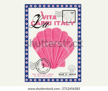 Shells vector graphic design. La Vita Capri Italy typography slogan. sea shells artwork for tee shirt t-shirt sweatshirt. summer beach women's girls graphics. stamp vector