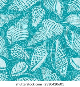 Shells and waves. Art sea background. Seamless vector pattern. Perfect for wallpaper, wrapping, fabric and textile. 