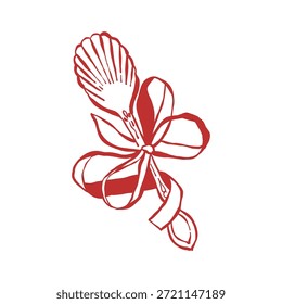 A shell-shaped spoon with a bow. Vintage cutlery. Nautical-themed wedding. Vector outline illustration in red.