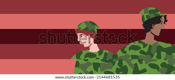 Shell-shock from army
soldier. Copy space template with people in army. Flat vector stock
illustration. Post-traumatic stress disorder, shock. Illustration
with space for
text
