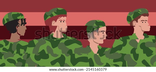 Shell-shock from army soldier. Flat vector stock\
illustration. Post-traumatic stress disorder, shock. People in\
uniform with mental\
problems