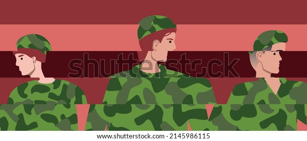 Shell-shock from\
army soldier. Flat vector stock illustration. Post-traumatic stress\
disorder, shock. Group of people with mental disorders.\
Consequences of war in prisoners of\
war