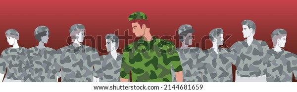 Shell-shock from surviving soldier of army. Flat\
vector stock illustration. Post-traumatic stress disorder, shock.\
People deceased in\
war