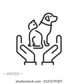 shelter animals, insurance pet icon, animal care, protection pet in hands, dog and cat, thin line vector illustration