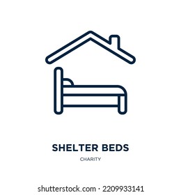 Shelter Beds Icon From Charity Collection. Thin Linear Shelter Beds, Bed, Shelter Outline Icon Isolated On White Background. Line Vector Shelter Beds Sign, Symbol For Web And Mobile