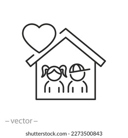 shelter for children icon, orphanage, protect or support child, home with heart, thin line symbol on white background - editable stroke vector illustration eps10