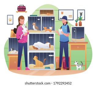 Shelter for Dog cats and Girl Worker in Gown Flat Cartoon Vector Illustration. 