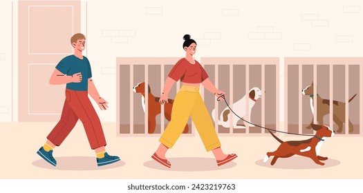 Shelter for dogs concept. Man and woman adopt dogs and pets. Activists and volunteers. Kindness and generosity. Family with domestic animal at leash. Cartoon flat vector illustration