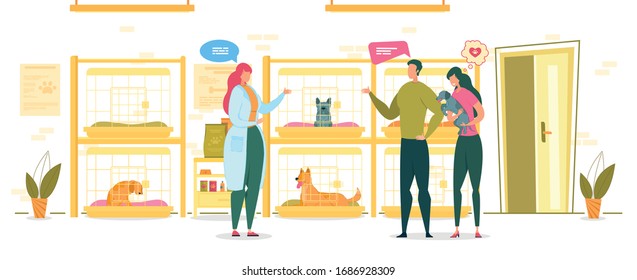 Shelter for Dogs and Girl Worker in Gown Flat Cartoon Vector Illustration. Woman Talking to Visitors Couple Coming to Kennel. Guy Asking Girl. Girlfriend Choosing Puppy. Pets in Cages.