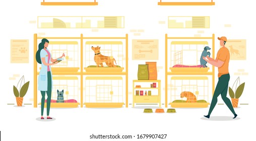 Shelter for Dogs with Workers Flat Cartoon Vector Illustration. Empty Cells or Cages or with Animals. Girl in Coat with Badge Holding List. Man in Uniform Carrying Small Puppy in his Arms.
