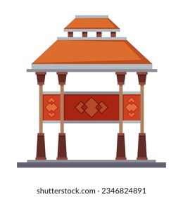 Shelter or gazebo in eastern style on white background. Pavilion or pergola for park cartoon illustration. Park or garden elements. Landscape design concept