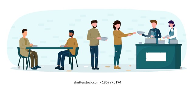 Shelter for homeless people. Concept of charity, emergency housing, providing temporary residence for bums and beggars without home. Men women stand in queue to get warm food. Flat vector illustration