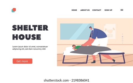 Shelter House Landing Page Template. Volunteer Care of Refugees, Characters Survive during War Conflict, Little Girl Sleeping on Cot under Assistance and Support of Helper. Cartoon Vector Illustration