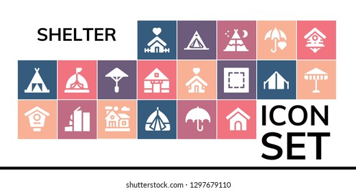  shelter icon set. 19 filled shelter icons. Simple modern icons about  - Home, Tent, Bird house, Homeless, Umbrella, Dog house, Shelter, Marquee