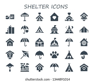 shelter icon set. 30 filled shelter icons.  Simple modern icons about  - Homeless, Umbrella, Shelter, Home, Bird house, Tent, Dog house, Pawprints