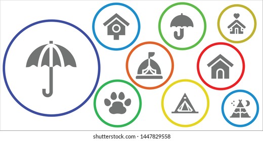 shelter icon set. 9 filled shelter icons.  Collection Of - Umbrella, Bird house, Pawprints, Tent, Dog house, Shelter