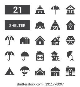 shelter icon set. Collection of 21 filled shelter icons included House, Tent, Umbrella, Tree house, Home, Houses, Dog house