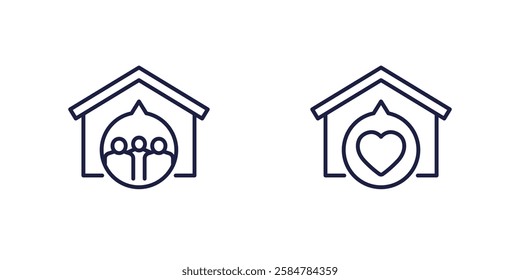 shelter icons with house and people, line vector