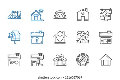 shelter icons set. Collection of shelter with home, tent, dog house, house, birdhouse. Editable and scalable shelter icons.