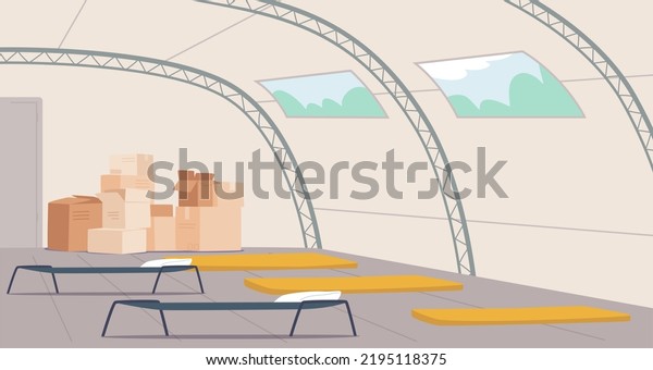 Shelter Interior, Temporary Residence
Building, Place for Refugees Staying during War. Dome Architecture
Construction with Windows, Humanitarian Aid Boxes and Сot Beds.
Cartoon Vector
Illustration