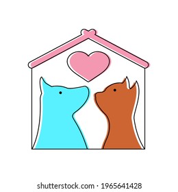 Shelter logo or vet clinic pet logo with dog and cat, heart and house. Pink vector clipart and drawing. Design template and icon for animal protection, adoption, charity. 