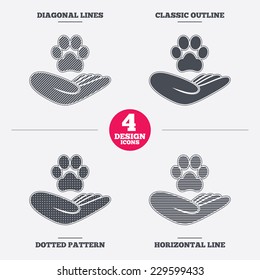 Shelter pets sign icon. Hand holds paw symbol. Animal protection. Diagonal and horizontal lines, classic outline, dotted texture. Pattern design icons.  Vector