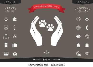 Shelter pets sign icon. Hands holds paw symbol. Animal protection