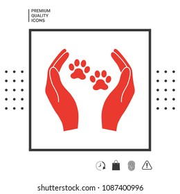 Shelter pets sign icon. Hands holds paw symbol. Animal protection