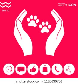 Shelter pets sign icon. Hands holds paw symbol. Animal protection