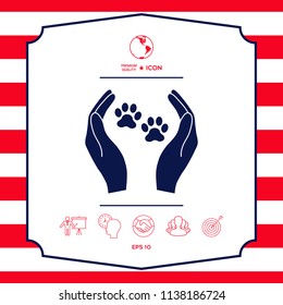 Shelter pets sign icon. Hands holds paw symbol. Animal protection