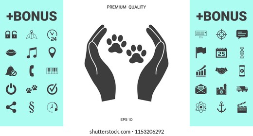 Shelter pets sign icon. Hands holds paw symbol. Animal protection