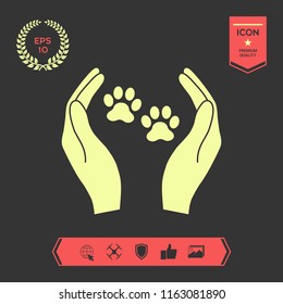 Shelter pets sign icon. Hands holds paw symbol. Animal protection