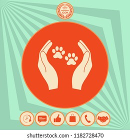 Shelter pets sign icon. Hands holds paw symbol. Animal protection