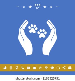 Shelter pets sign icon. Hands holds paw symbol. Animal protection