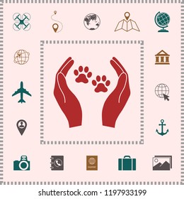Shelter pets sign icon. Hands holds paw symbol. Animal protection