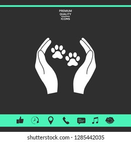 Shelter pets sign icon. Hands holds paw symbol. Animal protection