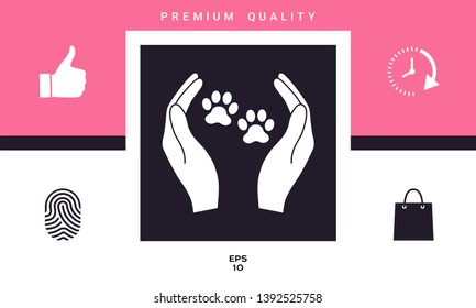 Shelter pets sign icon. Hands holds paw symbol.