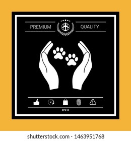 Shelter pets sign icon. Hands holds paw symbol. Animal protection, elements for your design